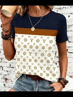 Source Unknown Navy, Cream & Brown Short Sleeve Patterned Tee